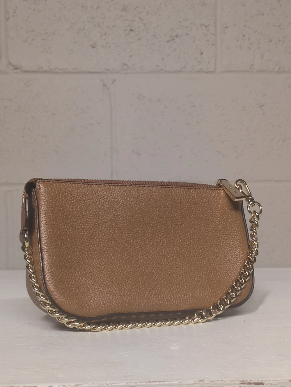 Michael Kors Luggage Leather Mini Shoulder Bag Gold Chain Link Wristlet